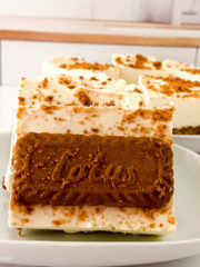 Biscoff Cheesecake Bars slice on a plate
