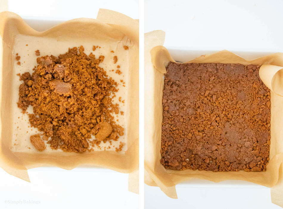 flattened biscoff cookie crumbs and melted butter mixture into the bottom of a baking dish