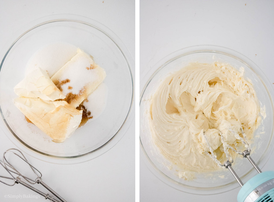 cream cheese, granulated sugar, and vanilla extract mixed altogether in a large transparent bowl using a handheld mixer