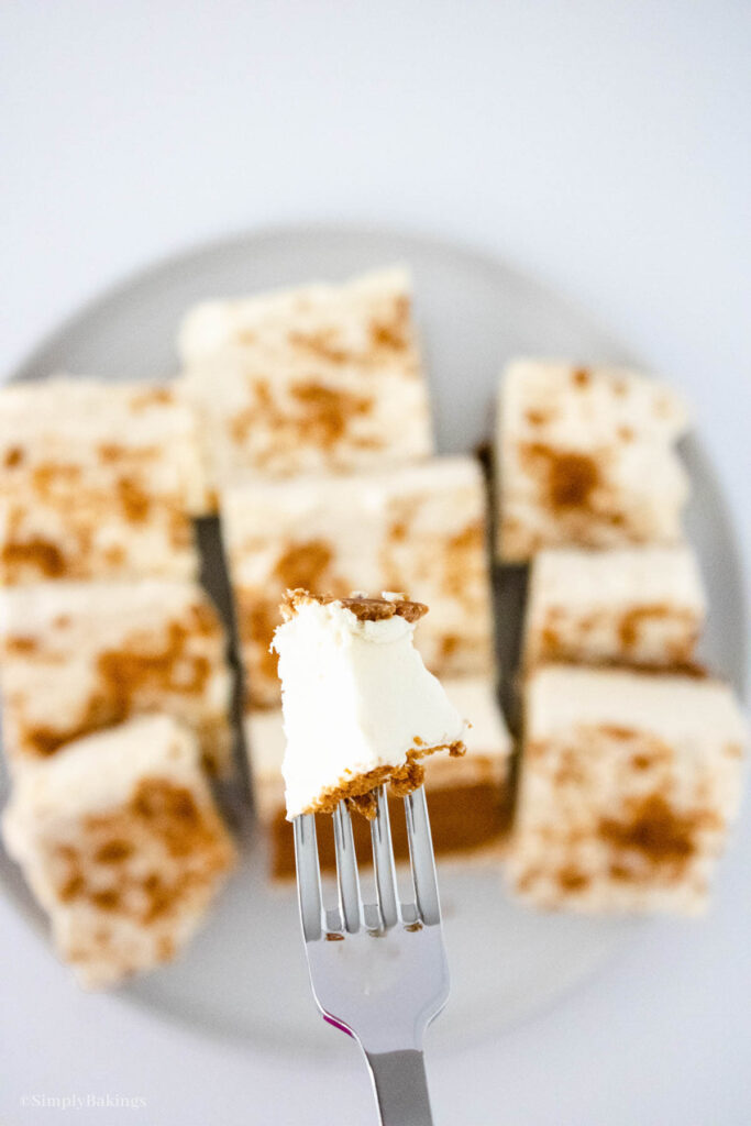 a small slice of biscoff cheesecake bar in a stainless steel fork