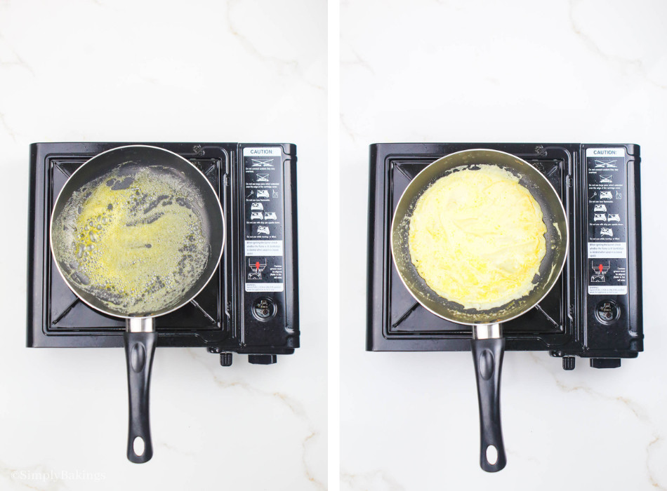 spread the butter to the skillet, poured half a cup of the mixture into it, and swirled until the wrap mixture covers all the surfaces of the pan.