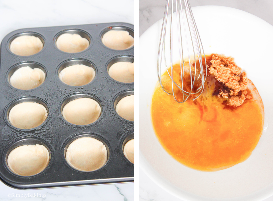 placed each piece of pie crust in the muffin pan cavities then mixed the corn syrup, brown sugar, melted butter, egg, and vanilla extract using a whisk in a white bowl