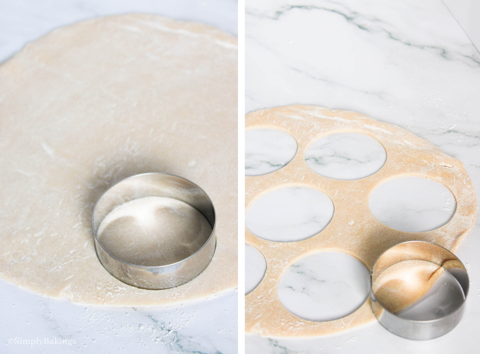 pie crust rolled out on a floured surface then cut circles using 3-inch cookie cutter 