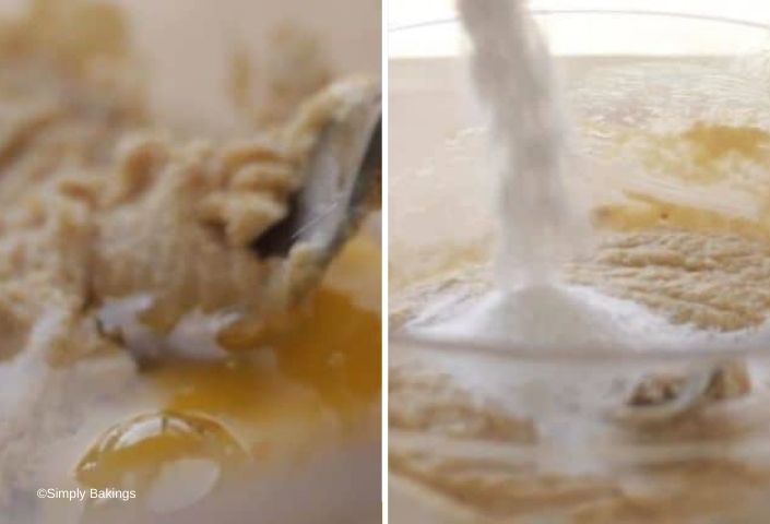 side by side photo of adding one egg and jello to the mixture.