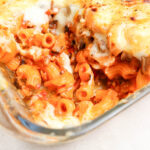 Delicious baked macaroni in a glass container
