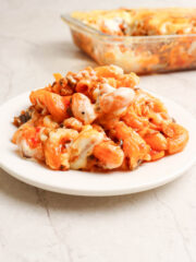 Baked macaroni coated in cheese and sauce