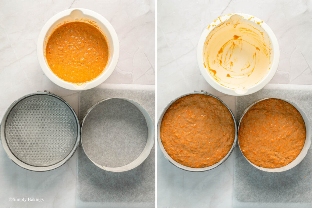Cake batter poured into two cake pans