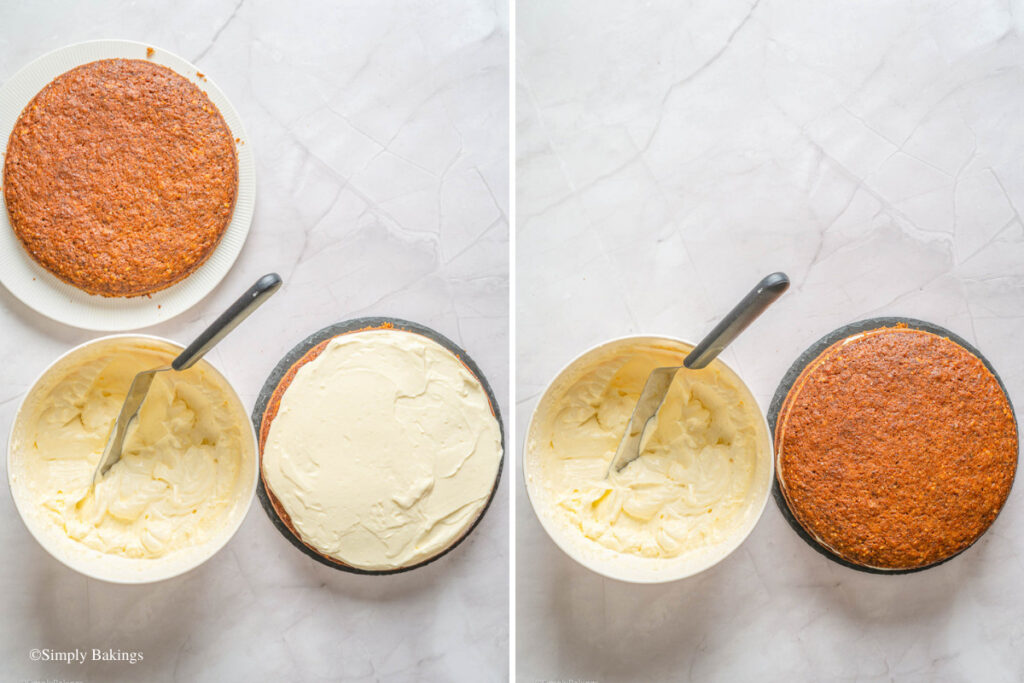 Two layers of cake on top of the other with cream