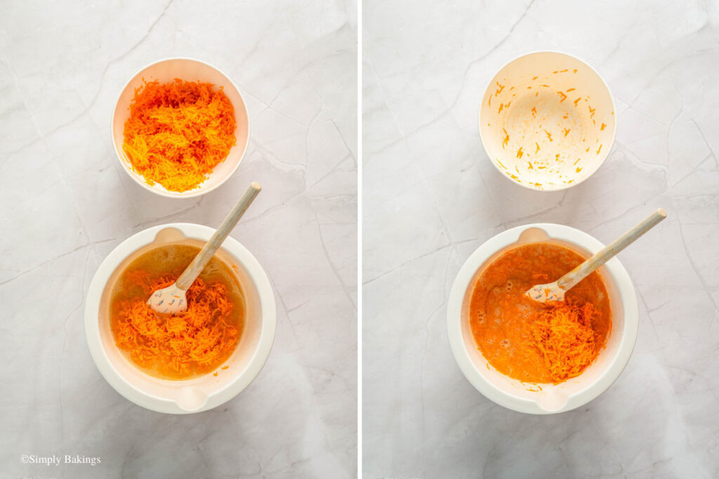 Grated carrots folded into the cake batter