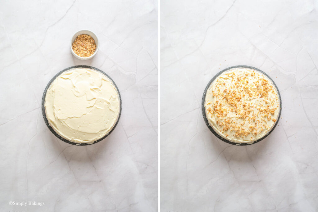 Nuts spread on a layer of white frosting