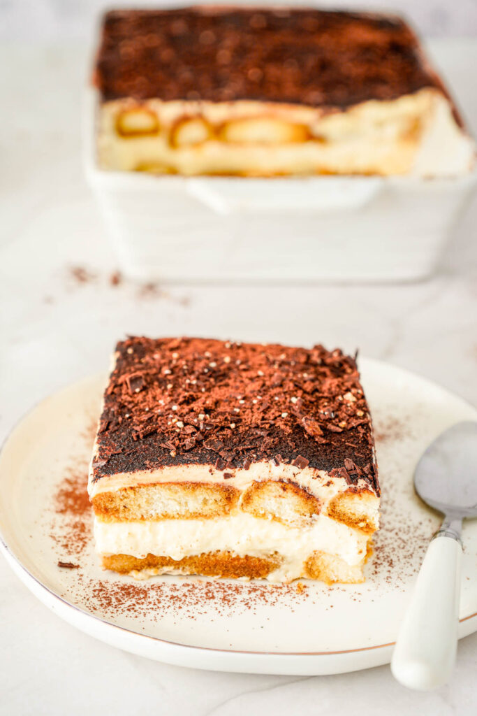 White plate with a slice of Filipino Tiramisu
