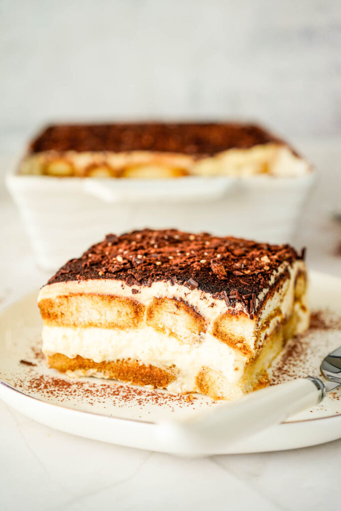 Filipino Tiramisu cut into a slice and served