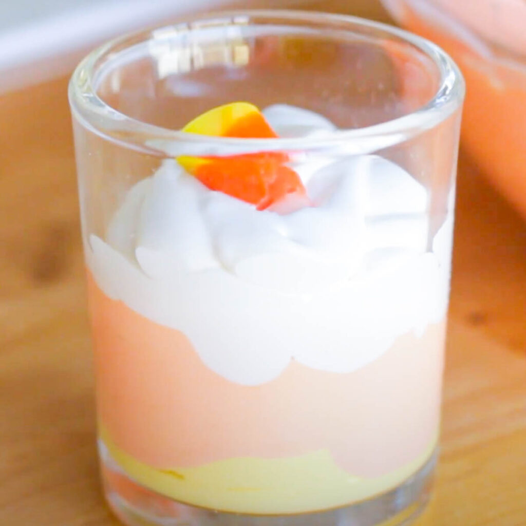 candy corn in a mini glass cup