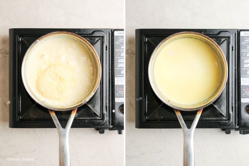 Sauce pan filled with cheese and macaroni