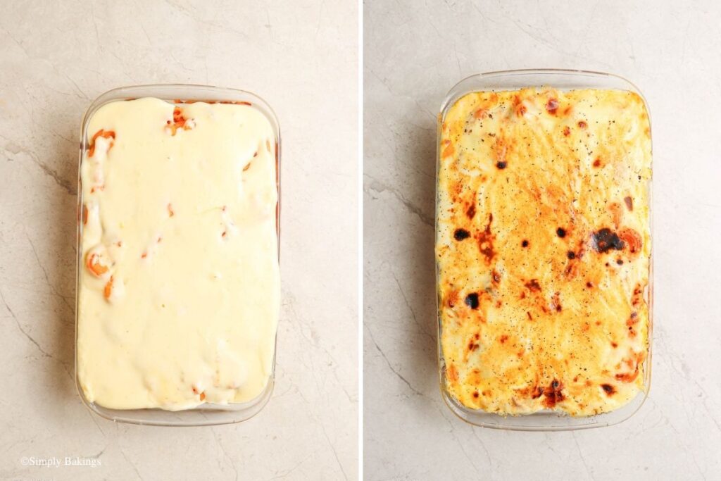 Baked macaroni filled with cheese on top