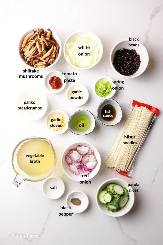 All soup ingredients in separate white bowls