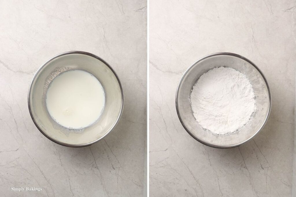 A mixing bowl filled with milk and other ingredients