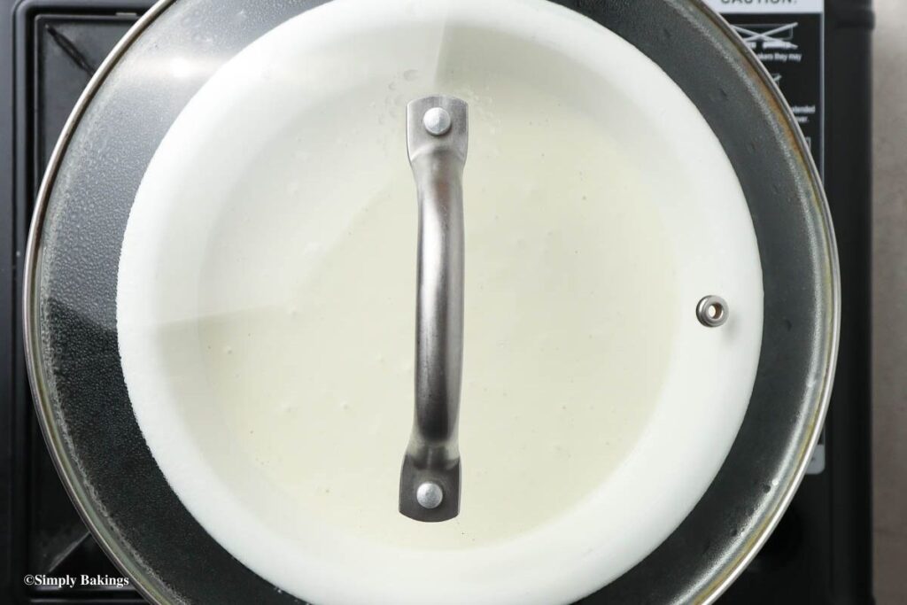 Mango Mochi batter steamed in a pan