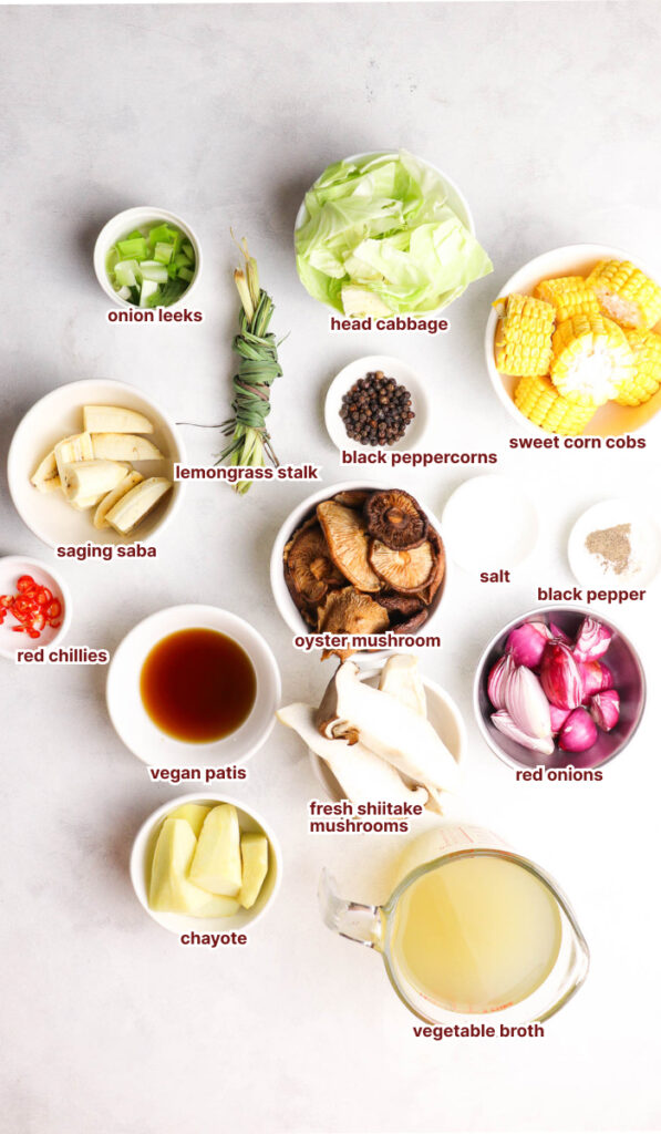 All vegan bulalo ingredients in separate white bowls