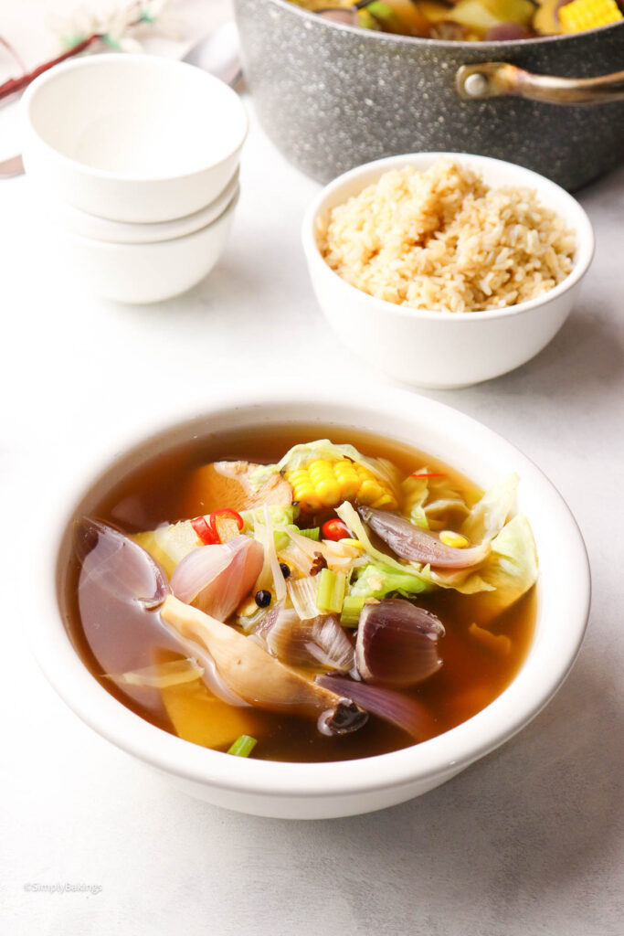 Hot rice next to bowl of delicious vegan bulalo soup