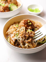 A medium bowl of yummy Vegan Almondigas soup