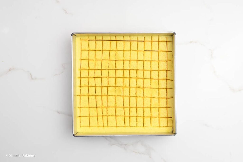 Agar Agar mixture cut into cubes in a cake pan