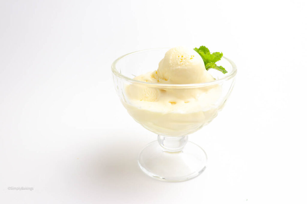 durian ice cream in a glass with peppermint leaves