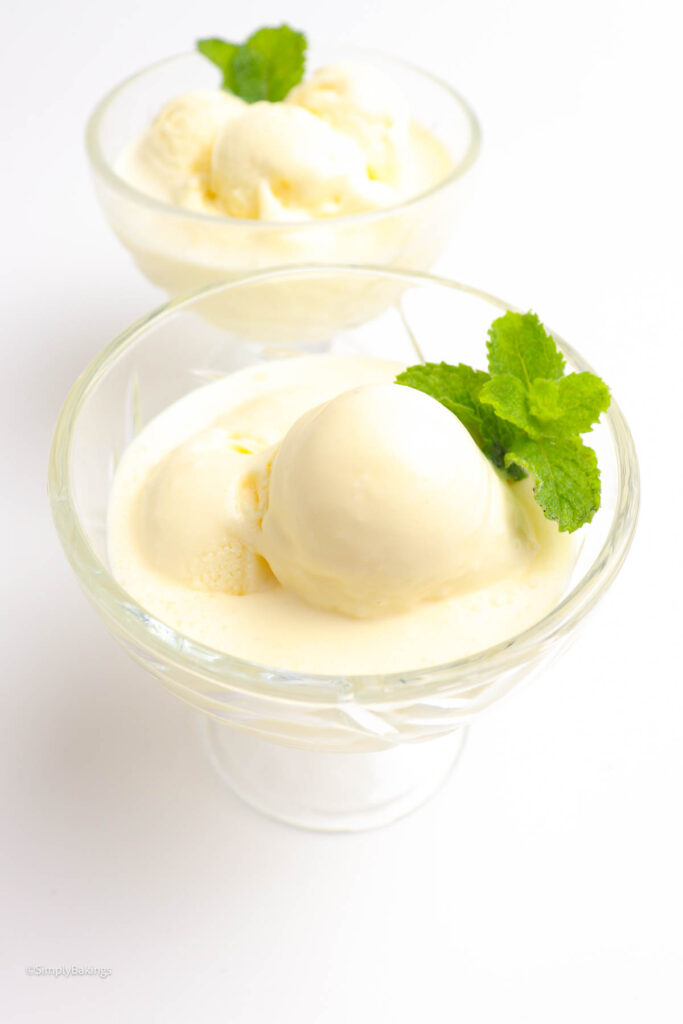 durian ice cream garnished with peppermint leaves