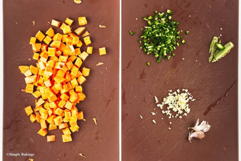 Chopped sweet potatoes and spices