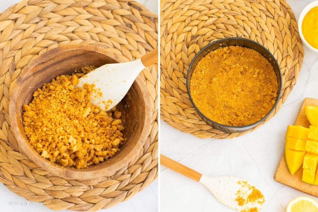 Crushed biscuits pushed in bottom of pan