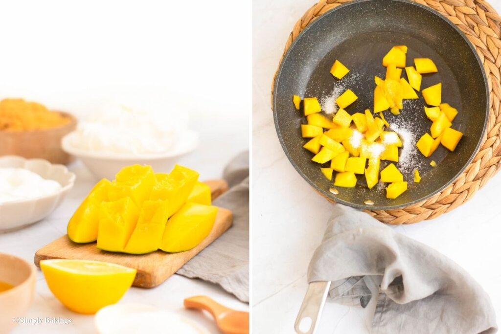 Mango opened, diced and cooked in pan