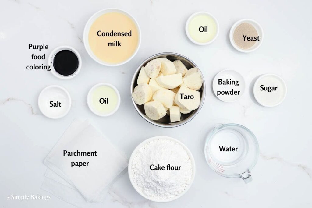 All ingredients for steamed taro buns recipe in separate bowls