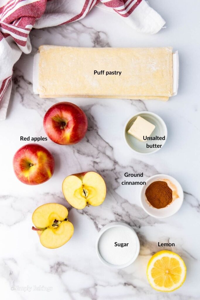 All ingredients for Apple Roses recipe in separate bowls