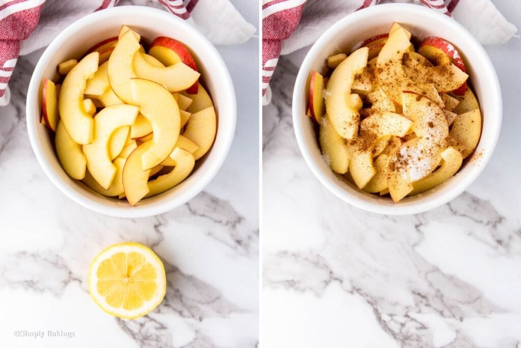 Lemon, sugar and cinnamon added to a bowl of apple slices