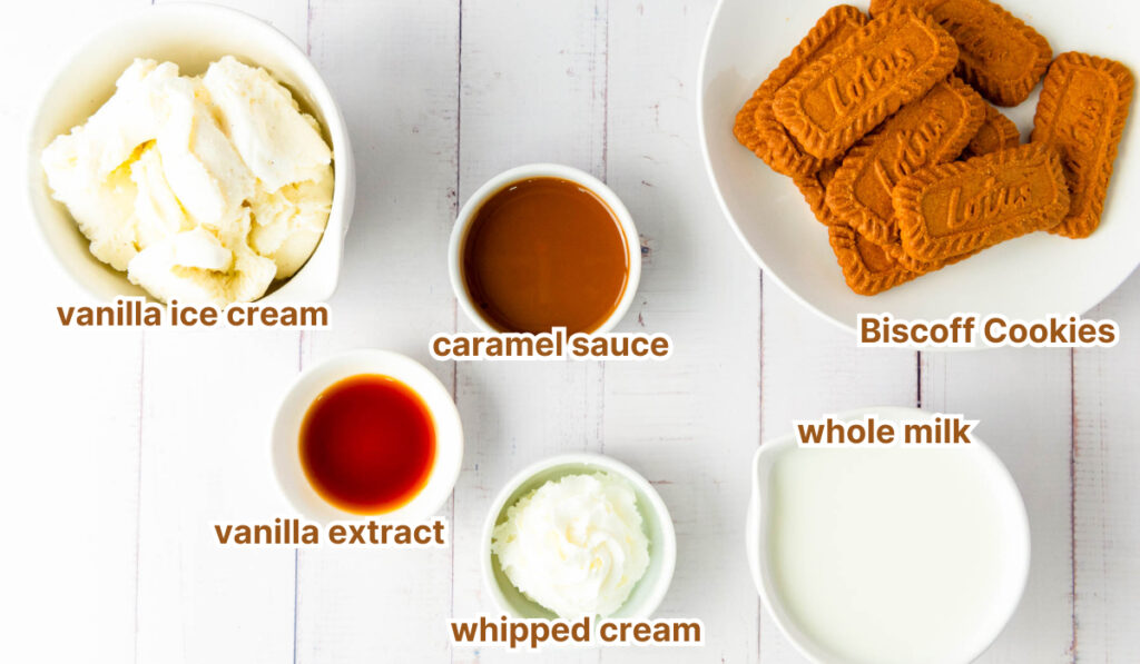 All ingredients of Biscoff Milkshake recipe in separate bowls
