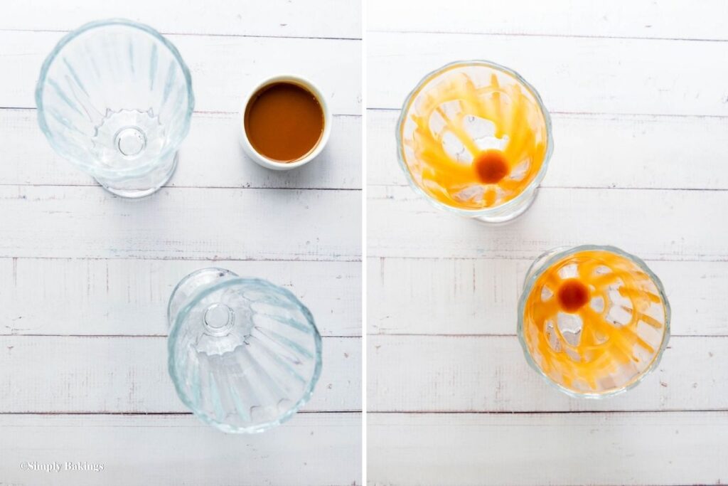 Two glasses drizzled with caramel sauce