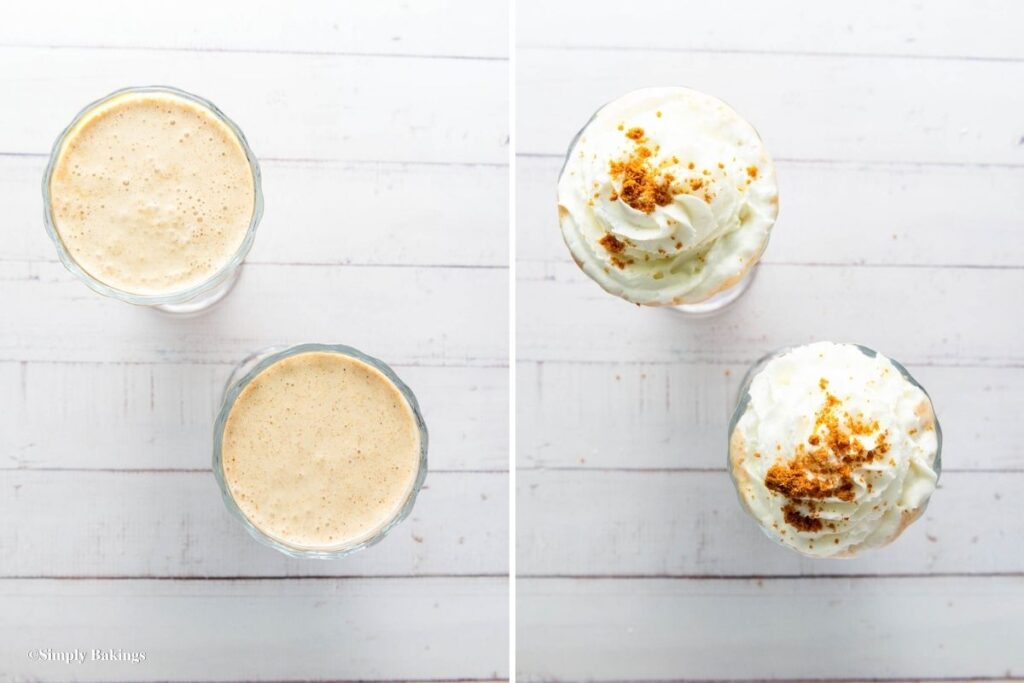 Milkshake mixture poured into the glasses with whipped cream and crushed Biscoff cookies on top