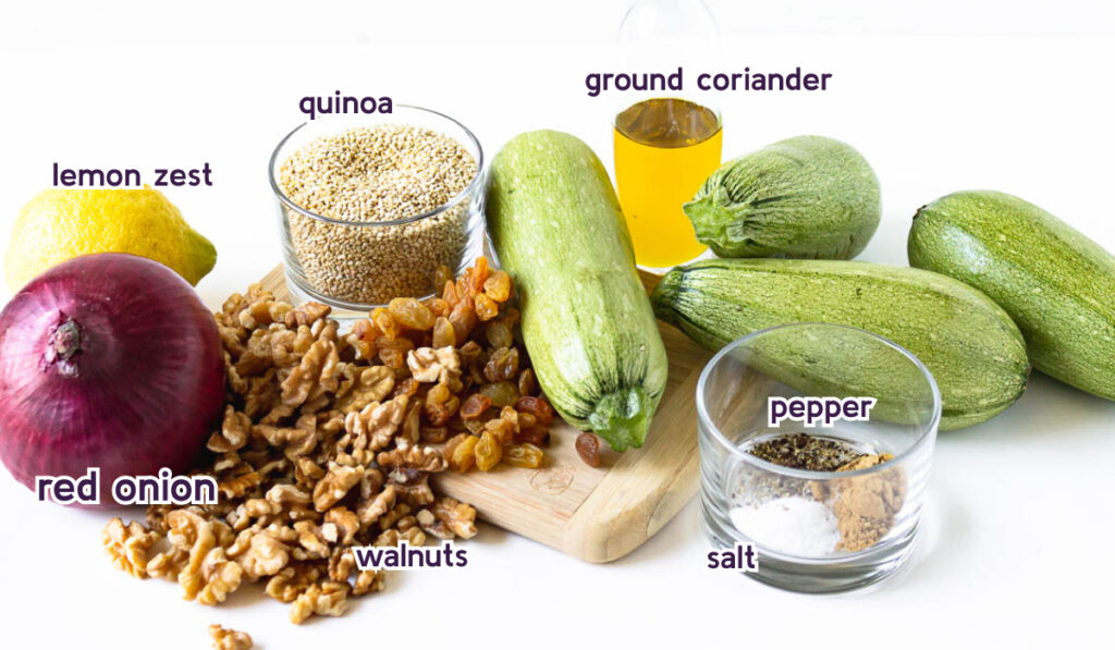 All Vegan Stuffed Zucchini ingredients in separate bowls