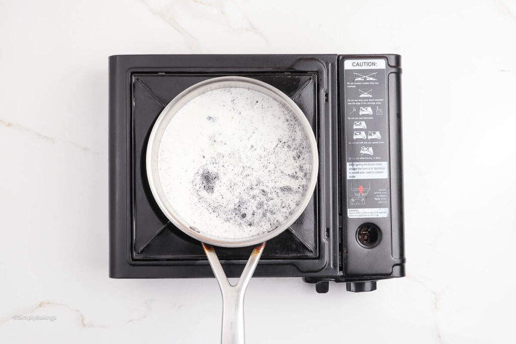 Black sesame seeds, coconut milk, and condensed milk simmered in a pot