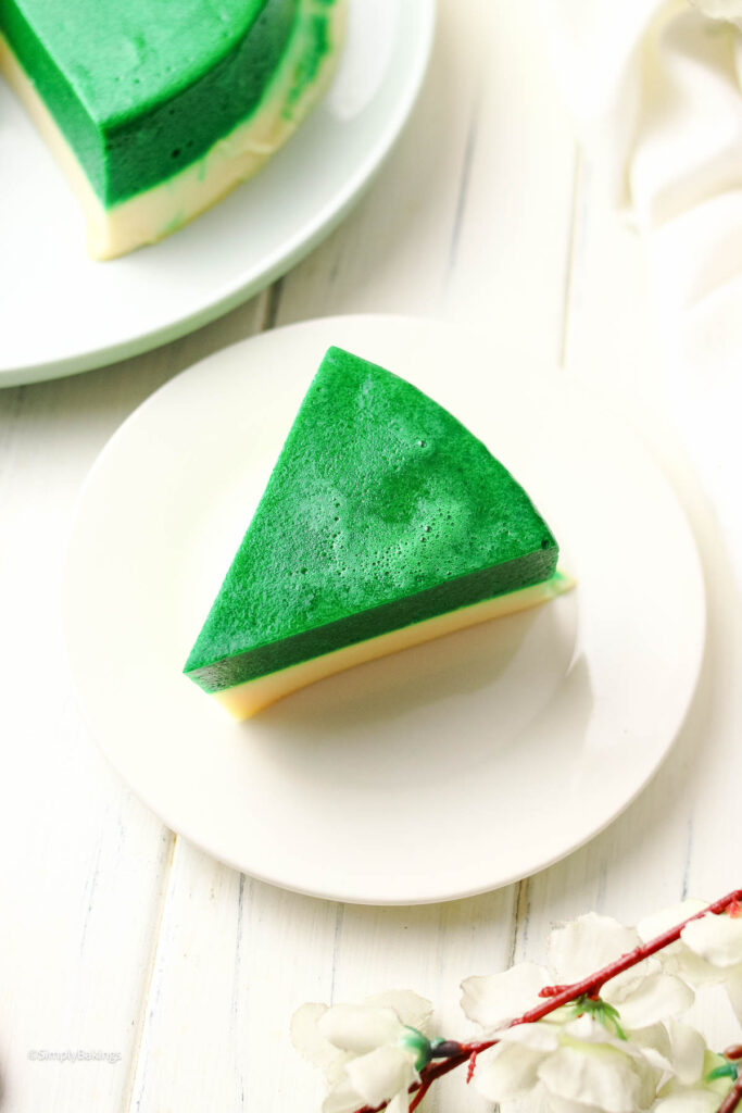 Pandan Jelly Dessert slice on a white plate
