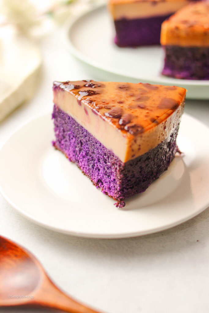 One slice of delicious Ube Flan ready to be served