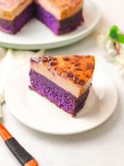 Slice of Ube Flan prepared to be served