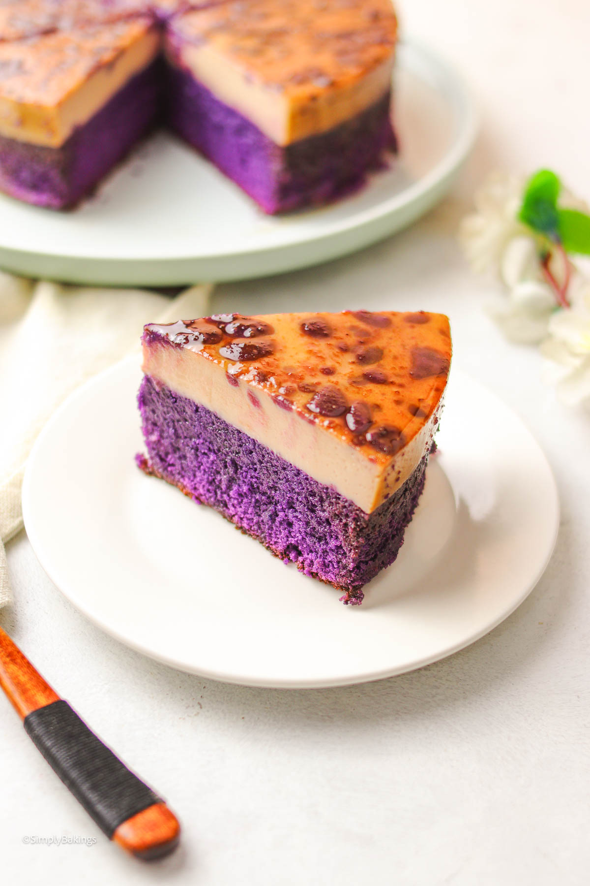Slice of Ube Flan prepared to be served