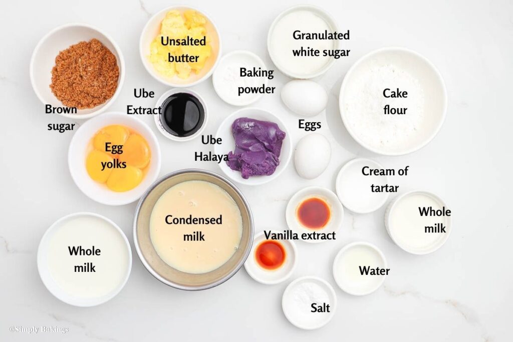 All ingredients for Ube Flan in separate bowls