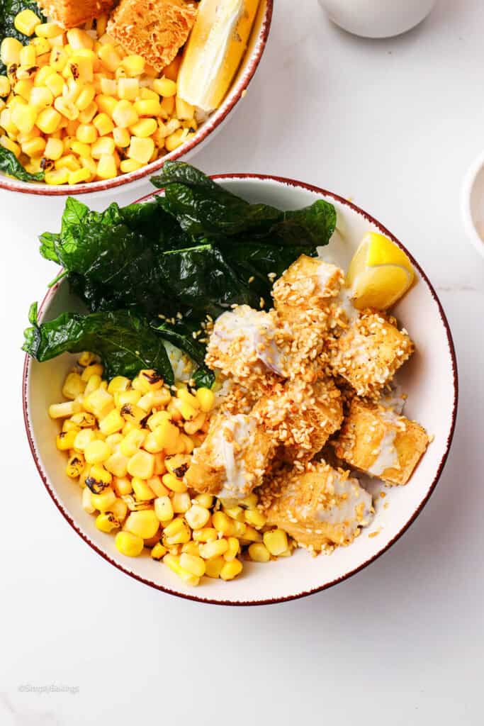 A white bowl of yummy Wasabi Tofu