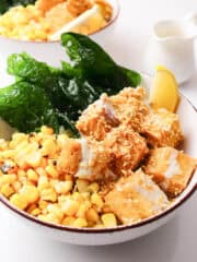 Wasabi Tofu with sweet corn kernels and fried water spinach