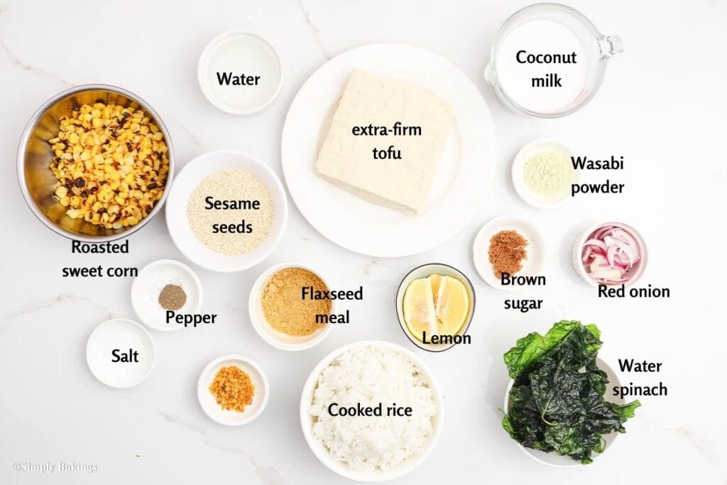 All ingredients for Wasabi Tofu in white bowls
