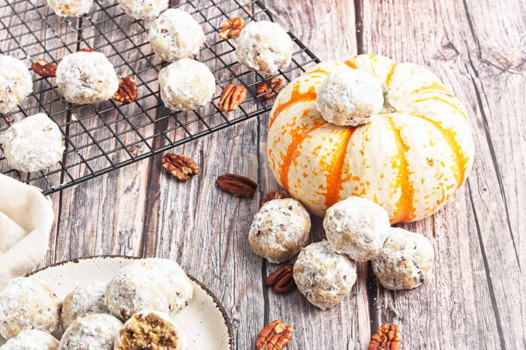 Polvorones Cookies on a wire rack and pumpkin