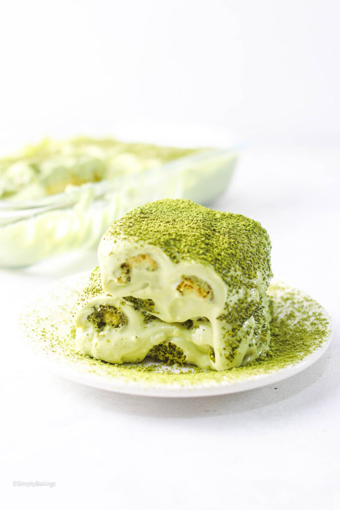Matcha tiramisu dusted with green tea powder