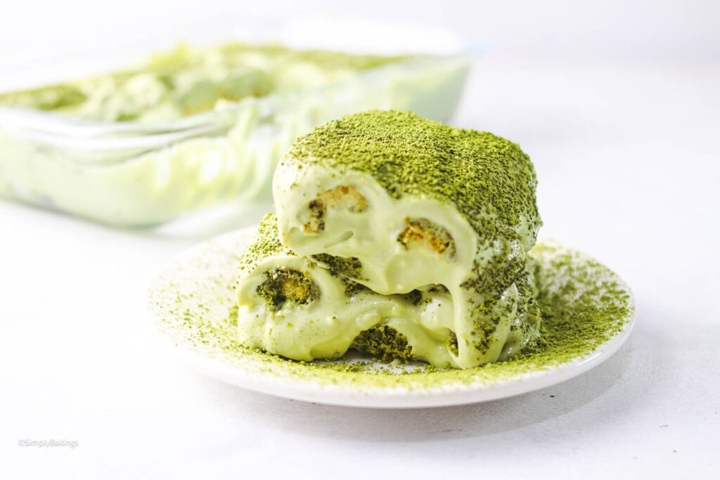 Glass tray and plate of Matcha Tiramisu